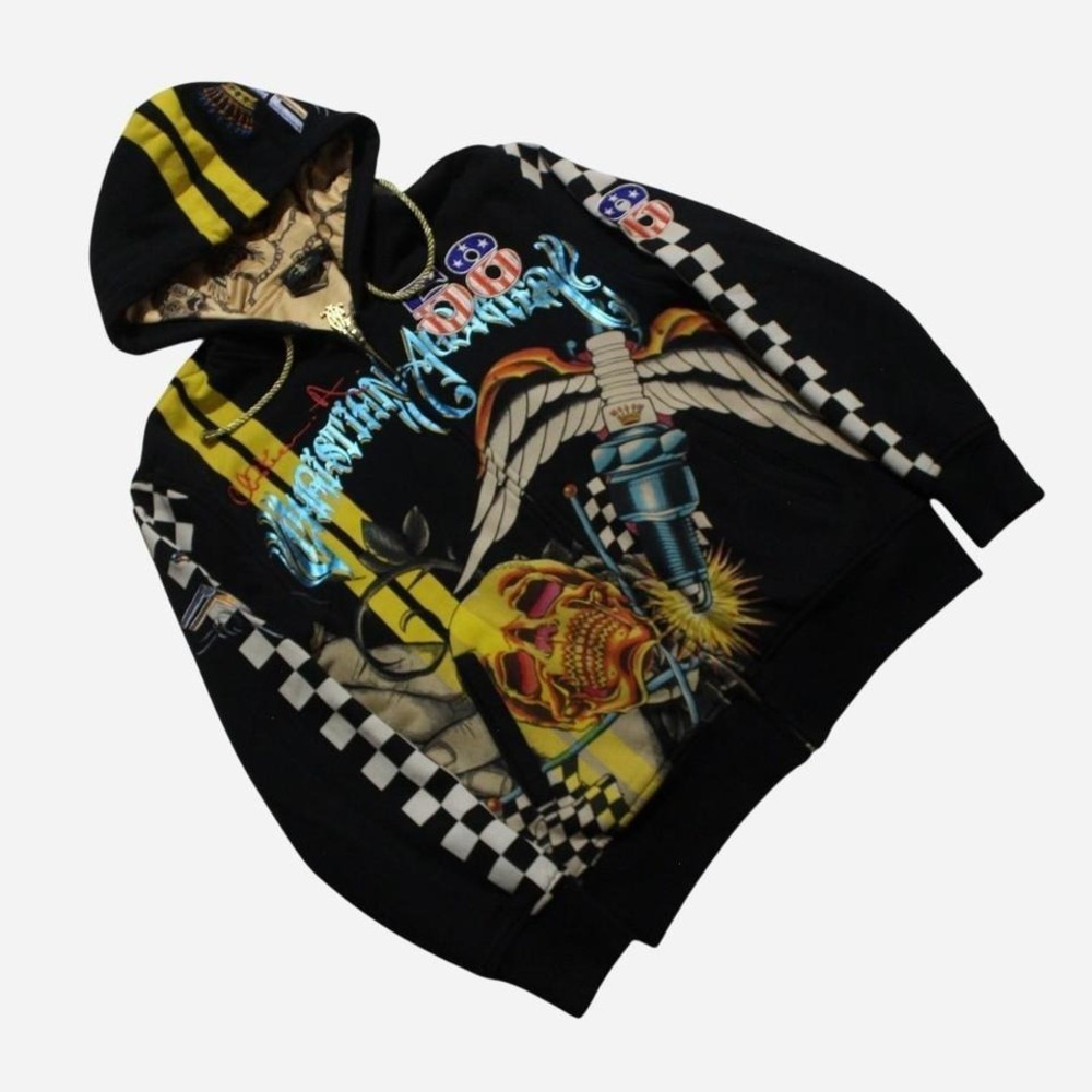 Mens Black VTG Y2K Christian Audigier AOP Rhinestone Zip-up  Goth Grunge Hoodie